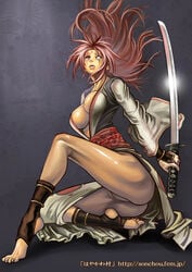 1girls ass baiken barefoot blind breasts cleavage feet female guilty_gear hayakawa_sonchou highres japanese_clothes kataginu katana kimono legs long_hair long_legs obi one-eyed open_kimono pink_eyes pink_hair red_hair scar solo sword toeless_socks toes underboob weapon