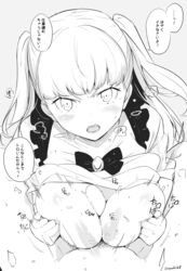 1boy blush breasts breath female greyscale kichihachi large_breasts looking_at_viewer monochrome nipples paizuri signature solo_focus translation_request twintails