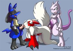 ambiguous_penetration breasts cum double_penetration female from_behind kneeling lucario male mewtwo nipples oral penis penis_lick pokemon pokemon_(species) spitroast sweat thedirtyshark threesome yuski zangoose