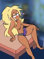 1girls bed blonde_hair blush blushing breasts carol_(ok_k.o.!_let's_be_heroes) carol_kincaid cartoon_network dark-skinned_female female female_only hearts lidded_eyes long_hair looking_pleasured navel nipples ok_k.o.!_let's_be_heroes onetimedeal silver_spark_(ok_k.o.!_let's_be_heroes) smile solo solo_female strap-on sweat very_long_hair