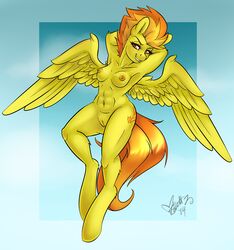 2014 anthro anthrofied arms_behind_back breasts cutie_mark equine female friendship_is_magic fur hair looking_at_viewer mammal my_little_pony navel nipples nude orange_hair pegasus pussy skuttz solo spitfire_(mlp) two_tone_hair wings wonderbolts_(mlp) yellow_fur