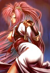 1girls baiken breasts breasts_out chiba_toshirou female female_only guilty_gear hips japanese_clothes kataginu kimono kote long_hair nipples one-eyed open_kimono pink_eyes pink_hair ponytail scar solo sword tied_hair very_long_hair weapon