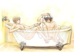 2boys animated bathing bathroom bathtub blonde_hair brown_hair censored convenient_censoring death_note faucet handcuffs l_lawliet legs_held_open light_yagami male_only nude pointless_censoring shared_bathing tagme washing_hair x-ray yaoi