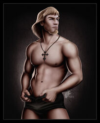 1boy abs beard bigger_version_at_the_source black_underwear blonde blonde_hair blue_eyes brown_background bulge caucasian caucasian_male closed_mouth clothes color cross cross_necklace disney facial_hair front_view goatee hair human kawena looking_away male male_focus male_only muscles muscular muscular_male navel necklace nipples open_eyes pecs pectorals phoebus pose posing short_hair shorts skimpy_clothes solo standing tan_skin the_hunchback_of_notre_dame thick_eyebrows topless uncensored underwear underwear_only undressing