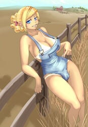 1girls bare_shoulders bimbo blonde_hair blue_eyes breasts busty cameltoe character_request cleavage copyright_request curly_hair farm farmer farmgirl freckles hair large_breasts leaning majalis naked_overalls no_bra overalls pointing ribbon sideboob smile solo tanline voluptuous wheat