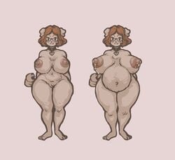 anthro areola before_and_after before_and_during_pregnancy big_breasts breasts canine collar coxaplenty eyewear female fur furry glasses lactation mammal milk nipples nude pregnant solo thick_thighs toes voluptuous wide_hips