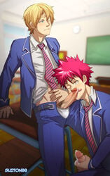 2boys blush classroom clenched_teeth cum erection licking_lips male male_only masturbation multiple_boys naughty_face necktie penis penis_grab red_hair school school_uniform shokugeki_no_souma student suiton takumi_aldini tongue undressing yaoi yukihira_souma