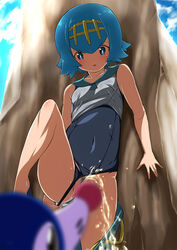 1girls belly blue_eyes blue_hair blue_panties breasts convenient_censoring covered_navel day furry human lana_(pokemon) leg_up mob_face navel nintendo one-piece_swimsuit outdoors panties panties_aside peeing pokemon pokemon_sm popplio poppoes pubic_hair pussy rock seal short_hair sky sleeveless small_breasts standing straight swimsuit swimsuit_aside underwear wet