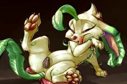 anatomically_correct animal_genitalia animal_pussy anus bow canine_pussy carrot_(artist) edit eeveelution female feral flora_fauna hi_res leafeon licking licking_lips nintendo pillow plant pokemon pussy simple_background solo tongue tongue_out video_games