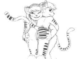 akunim anthro anus assisted_exposure bridget_(latchkey_kingdom) feline female fur hair hand_on_ass jennifer_(latchkey_kingdom) latchkey_kingdom mammal monochrome one_eye_closed pussy sibling simple_background sisters smile striped_fur stripes white_background yuman