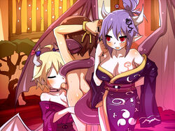 1boy 2girls assertive blush bondage breasts cleavage closed_eyes demon domination fellatio female femdom horns kimono large_breasts larger_female male malesub monster_girl multiple_girls open_mouth oral penis size_difference smaller_male succubus uncensored wings