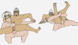 2boys anal_penetration anal_sex ass bara baseball_cap beard brown_hair dark-skinned_male erection gay glasses goatee guzma_(pokemon) handjob hat holding_legs holding_penis human kukui_(pokemon) legs_together legs_up lifting male_only multiple_boys muscle nintendo nude penis pleasure_face pokemon pokemon_sm riding sex smile spread_legs sunglasses sunglasses_on_head thrusting_into_ass white_hair yaoi