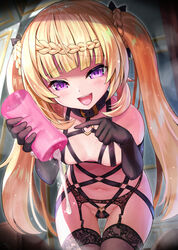 :d areola_slip areolae artificial_vagina bangs bare_shoulders bent_over black_gloves black_legwear black_ribbon blonde_hair blunt_bangs blush bondage_outfit braid breasts buckle collar collarbone copyright_request cum cumdrip elbow_gloves erokosei eyebrows_visible_through_hair female floral_print garter_belt gloves groin hair_ribbon heart holding indoors long_hair looking_at_viewer navel open_mouth pointing purple_eyes raised_eyebrows ribbon rose_print small_breasts smile solo sparkle stomach thigh_gap thighhighs twintails very_long_hair