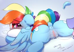 2017 absurd_res anus ass blue_fur blush cutie_mark english_text equine feathered_wings feathers female feral friendship_is_magic fur hair hi_res mammal multicolored_hair my_little_pony n0nnny open_mouth pegasus pussy rainbow_dash_(mlp) rainbow_hair saliva saliva_string text wings