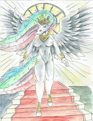 2017 alicorn anthro areola ass big_breasts breasts clitoris crown cutie_mark equine eyelashes feathered_wings feathers female friendship_is_magic fur furry goddess hair hooves horn horse jewelry magic mammal my_little_pony nipples nude nyghtmar3 pony princess princess_celestia_(mlp) pussy royalty smile solo sparkles sun walking white_fur wings