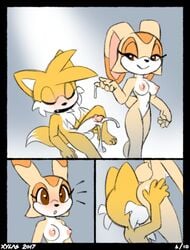 2017 anal blue_eyes blush breasts canine comic cream_the_rabbit cum female fox fur lagomorph male mammal oral penis pussy rabbit red_eyes rimming sex sonic_(series) straight tails xylas yellow_fur