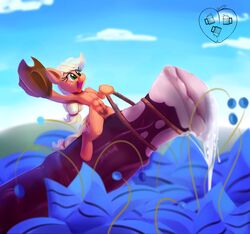 2017 applejack_(mlp) cowboy_hat crotchboobs cutie_mark disembodied_penis duo earth_pony equine female freckles friendship_is_magic hair hat hi_res hooves horse long_hair male mammal my_little_pony navel oddciders open_mouth outside penis poison_joke pony rope straight