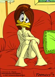 absurd_res anthro avian beak bed bird breasts duck female hair hi_res looney_tunes majike non-mammal_breasts nude pillow pussy simple_background smile solo straight_hair the_looney_tunes_show tina_russo tooners warner_brothers white_background