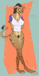 anthro bottomless clothed clothing ear_piercing embarrassed feline hashdrawingslasher hi_res khajiit mammal piercing pubes pussy shirt t-shirt the_elder_scrolls video_games