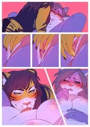 anthro blush breasts clothing comic duo feline female finger_fuck fingering jush licking mammal nipples panties panties_aside pussy spread_legs spread_pussy spreading sweat tiger tongue tongue_out underwear vaginal_penetration yuri