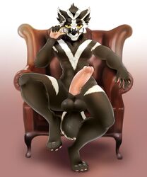 2017 anthro badger balls big_penis chair erection eyewear f-ss fur glasses looking_at_viewer male male_only mammal multicolored_fur mustelid nude penis seductive simple_background sitting smile solo teeth two_tone_fur yellow_eyes