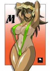 artist_logo artist_name breasts curvy dark-skinned_female dark_skin female large_breasts looking_at_viewer mana_(yu-gi-oh!) nipples smile solo stonecake swimsuit tan yu-gi-oh! yu-gi-oh!_duel_monsters