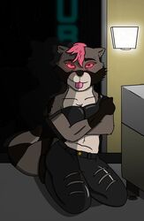 anthro bed black_clothing bra brown_fur female female_only firetails freckles furry glowing glowing_eyes halfworlder hotel_room leather leather_pants marvel marvel_comics mohawk no_humans piercing pink_eyes pink_hair punk raccoon raining ripped_pants shocket_raccoon