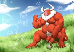 anthro balls big_balls bovine cattle chest_tuft foreskin fur grisser hair hairy horn male male_only mammal nipples penis solo tuft