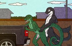 2015 alligator anal anal_sex anthro anthro_on_anthro balls big_tail cetacean crocodilian duo erection from_behind_position fulsamee gecko hip_grab hybrid interspecies leaning leaning_forward lizard male male_penetrating mammal marine mindark nude orca penetration penis pickup_truck reptile scalie sex snake standing whale yaoi