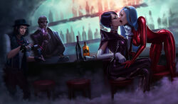 2boys 2girls african african_male bayonetta bayonetta_(character) bayonetta_2 black_hair bodysuit brown_hair cigar dark-skinned_male dark_skin earrings elbow_gloves facial_tattoo female fully_clothed glasses jeanne_(bayonetta) kissing luka_redgrave male melanin multiple_boys multiple_girls neoartcore nintendo rodin_(bayonetta) short_hair skin_tight smoke sunglasses sunglasses_on_head tattoo white_hair yuri