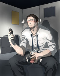 1boy bar_censor bara blush controller foreskin male male_only masturbation mocchi_(bocmocmoc) necktie penis sitting solo steam sweat uncircumcised yaoi