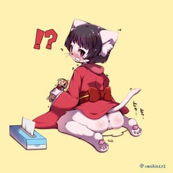 2017 ?! anthro anus ass blush bow_tie clothed clothing ear_tuft feline female fur hair japanese_clothing japanese_text kemono kimono looking_at_viewer looking_back mammal no_underwear omunikin paws pussy pussy_juice simple_background solo spread_legs spreading surprise tissue tuft