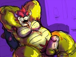 1boy 2014 anothermeekone anthro arms_up balls belly bowser cum cum_in_mouth cum_inside cum_on_face cum_on_penis cum_on_tongue cumshot ejaculation erection hair horn indoors koopa leaning_back male male_only mammal mario_(series) muscular muscular_male nintendo nude open_mouth orgasm penis purple_background red_hair scalie shell simple_background sitting smile solo spikes testicles tongue tongue_out video_games