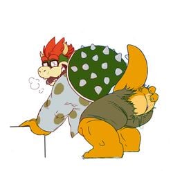 1boy 2014 anothermeekone anthro anus ass bara belly bowser claws clothed clothing eyewear full_body glasses hair heavy_breathing horn koopa leaning_forward male male_only mammal mario_(series) nintendo open_mouth red_hair scalie shell simple_background solo spiked_hair spikes spots standing tongue tongue_out torn_clothes torn_clothing video_games wardrobe_malfunction white_background