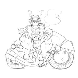 anothermeekone anthro balls black_and_white cigar claws clothing digimon erection guilmon hypnosis jacket looking_at_viewer male male_only mammal mind_control monochrome mostly_nude motorcycle penis scalie simple_background smile smoke smoking solo spiral_eyes vehicle wheel white_background