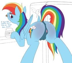 2017 anearbyanimal animal_genitalia animal_pussy anus clitoris cookie crotchboobs cutie_mark english_text equine equine_pussy feathered_wings feathers female feral food friendship_is_magic hair hi_res inside looking_at_viewer looking_back mammal multicolored_hair my_little_pony pegasus presenting pussy pussy_juice rainbow_dash_(mlp) solo text wings