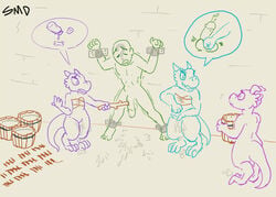 ballbusting balls bondage bound breast_milking breasts cock_and_balls_torture cum domination female femdom group kobold lactation male penis sketch slave super_em_dog testicles