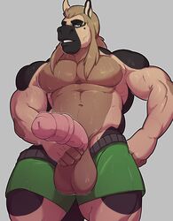 2017 animal_genitalia animal_penis anthro balls biceps big_balls big_penis brown_eyes brown_hair brown_skin clothed clothing equine equine_penis erection front_view green_bottomwear grey_background hair hand_on_hip hi_res horse horsecock huge_balls huge_cock knuxlight long_hair long_penis looking_at_viewer male male_only mammal manly medial_ring multicolored_skin muscular muscular_male partially_clothed pecs penis pink_penis pose sagging_balls simple_background snout solo standing sweat teeth thick_penis thick_thighs topless two_tone_skin uperior