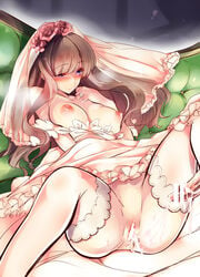 1girls after_sex amane_ruri anus areolae bar_censor blush bra breasts breasts_out bride brown_hair censored couch cum cum_in_pussy cum_string dress erection female hand_on_own_chest highres jewelry large_breasts long_hair nipples no_bra no_panties original penis purple_eyes ring solo spread_legs thighhighs underwear veil wedding_dress wedding_ring