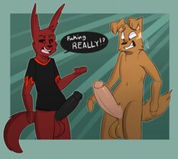 2boys anthro balls big_penis canine comparing damian_(zoophobia) demon dialogue duo erection humanoid_penis hybrid jack_(zoophobia) komponi male male_only mammal penis standing vivienne_medrano zoophobia