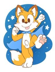 anthro balls canine cape clothing fox hindpaw lucky_swiftail male male_only mammal oob paws penis smile solo super_lucky's_tale tongue tongue_out uncut white_balls