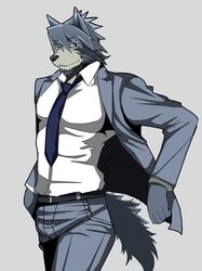 2017 abs anthro bearlovestiger13 belt black_nose business_suit canine clothed clothing dress_shirt eyewear father fur glasses grey_background grey_fur grey_hair hair hi_res husky male male_only mammal mitsuhisa_aotsuki morenatsu necktie open_shirt parent shirt simple_background smile solo suit yellow_eyes