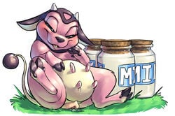 absurd_res animal_genitalia bovine carrot_(artist) cattle dripping female feral hi_res hooves jar lactation mammal milk miltank nintendo plump_labia pokemon pussy pussy_juice smile solo spread_legs spreading teats udders video_games