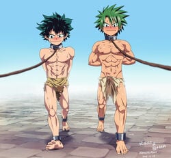 2016 2boys 3boys abs absurdres artist_signature barefoot blush collar dated enslaved feet humiliation izuku_midoriya leash looking_away male male_only malesub multiple_boys muscles muscular muscular_arms muscular_chest muscular_legs muscular_male my_hero_academia outdoors peeing pixiv public public_topless slave slave_clothes slave_collar slaves sweat toes topless urine young