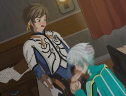 2boys asian asian_male beige_penis beige_skin blush brown_hair erection fellatio hand_on_head male male_only mikleo_(tales) multiple_boys penis silver_hair sorey_(tales) sucking tales_of_(series) tales_of_zestiria tan_penis tan_skin testicles yaoi