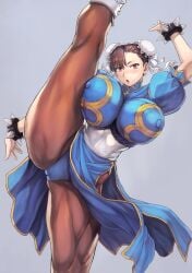 1girls big_breasts capcom censored chun-li dialogue_box flexible heart heart_censor highres huge_breasts japanese_text kick kicking leg_lift looking_at_viewer mogudan one_leg_up pantyhose splits standing_split street_fighter thick_thighs torn_pantyhose vertical_splits voluptuous wardrobe_malfunction wide_hips