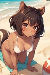 ai_generated ass beach bikini breasts brown_body brown_eyes brown_fur brown_hair brown_skin sandy_cheeks sexy short_hair smiling_at_viewer spongebob_squarepants squirrel tail white_clothing