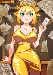 1female 1girls big_breasts blackjack blackjack_(card_game) blonde_female blonde_hair blonde_hair blonde_hair_female blue_eyes card casino cat_smile cyan_eyes dr.stone dress female gamble gambling highres hips josexo4k kohaku_(dr.stone) money ponytail yellow_dress