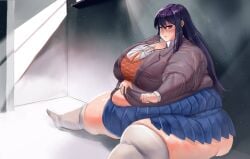 accurate_art_style anime_girl anime_style bamboo_ale belly belly_button belly_overhang blush blush blush_lines classroom cleavage clothes_barely_covering doki_doki_literature_club fat fat_ass fat_girl fat_rolls feet giant_belly giant_breasts grabbing grabbing_belly grabbing_own_belly huge_breasts huge_thighs looking_at_viewer massive_breasts massive_thighs morbidly_obese morbidly_obese_female obese obese_female school_uniform schoolgirl sitting sitting_on_floor yuri_(doki_doki_literature_club)