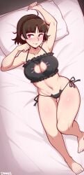 ai_generated aianonguy bed brown_hair cat_lingerie dross_(style) female female_only laying_on_bed makoto_niijima persona persona_5 red_eyes self_upload stable_diffusion